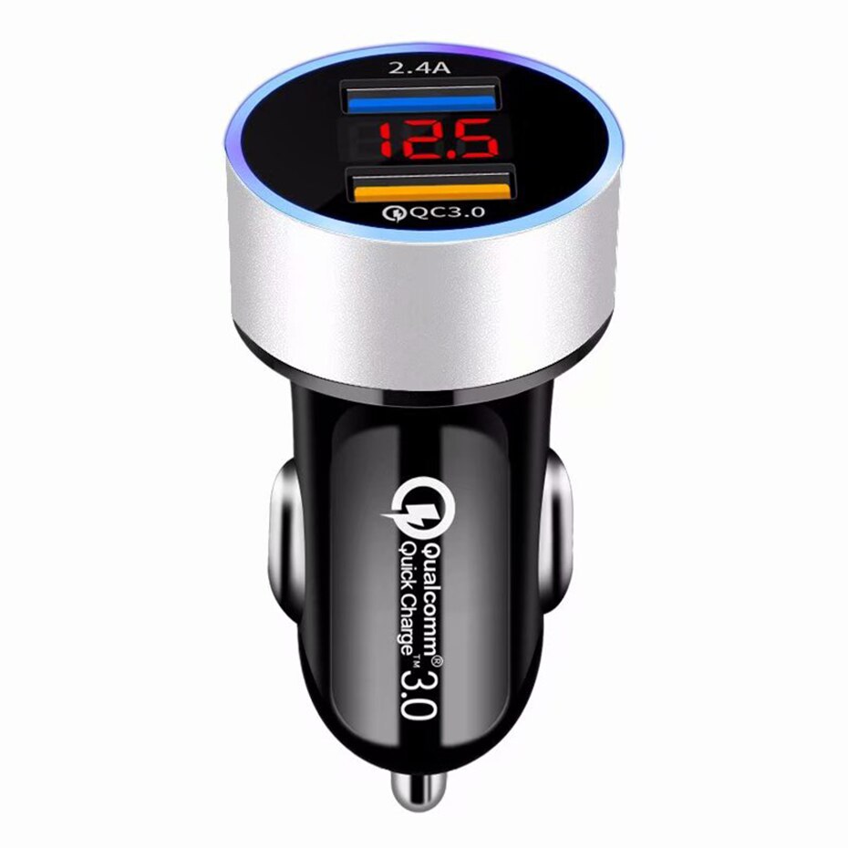 QC3.0+2.4A Dual USB Car Charger LCD Display 12-24V Cigarette Socket Lighter Fast Charger Power Auto USB Adapter Upgraded