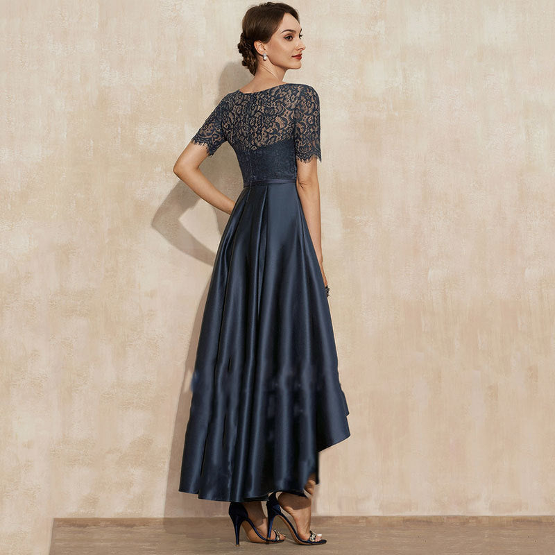 Navy Blue Satin Ball Lace Short Sleeve Dress