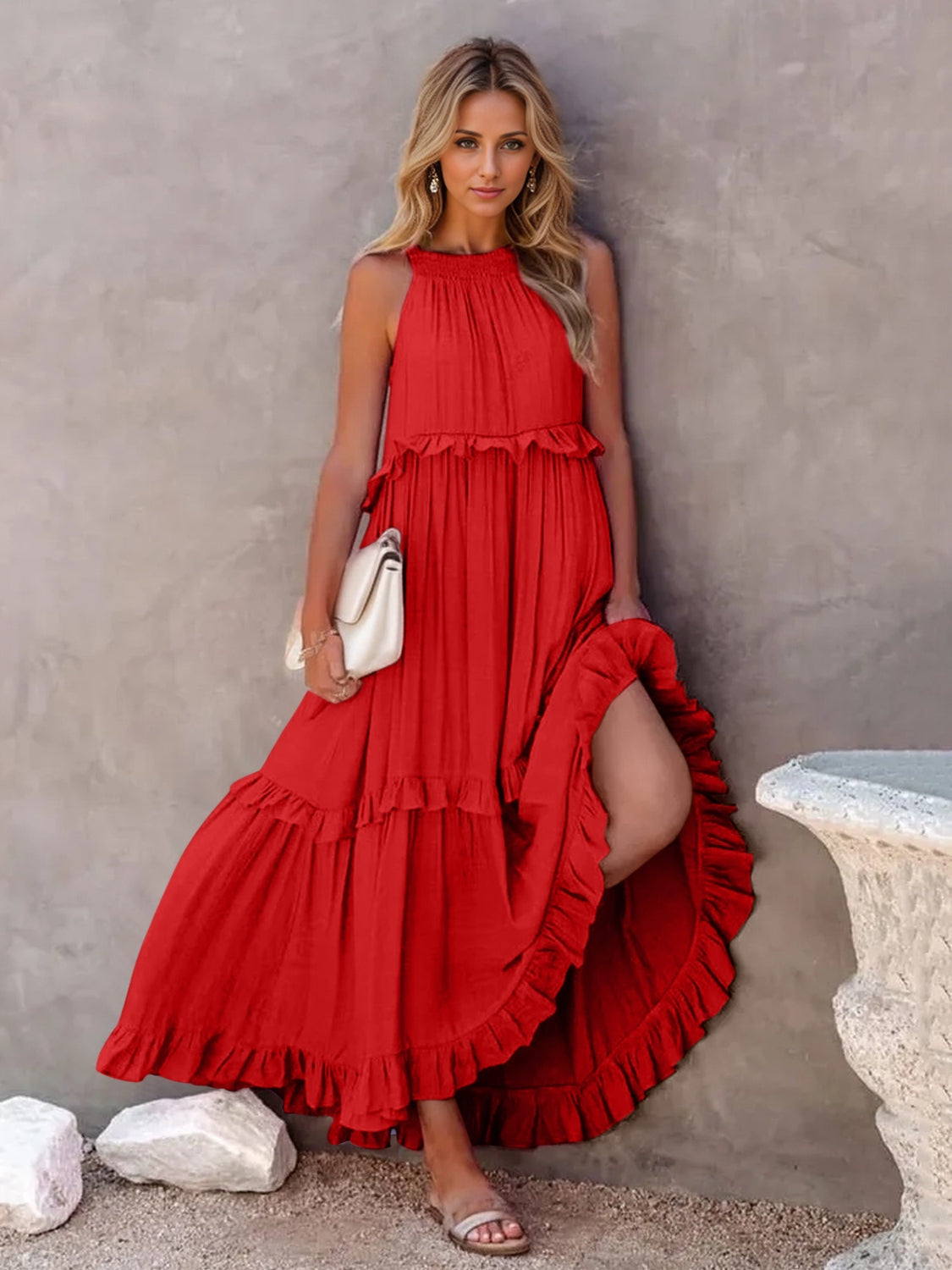 Smocked Tiered Maxi Dress with Pockets