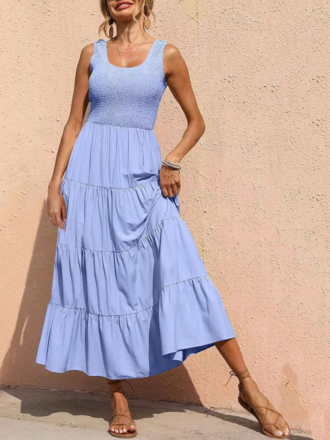 Smocked Tiered Midi Dress with Wide Straps