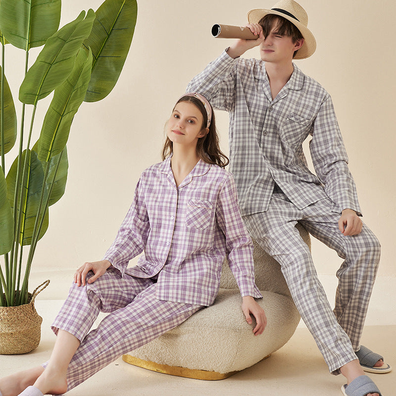 Simple Japanese Style Cotton Plaid Long Sleeve Couple Home Wear