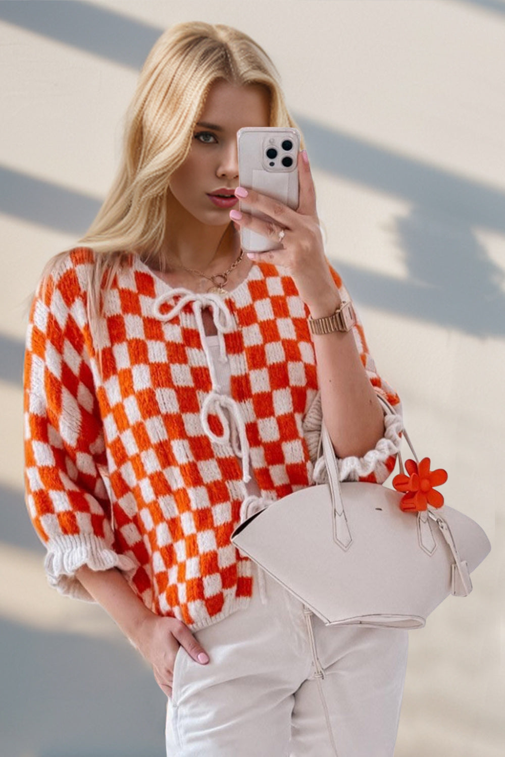 Back To School Sweater - Double Take Tied Checkered Dropped Shoulder Flounce Sleeve Cardigan