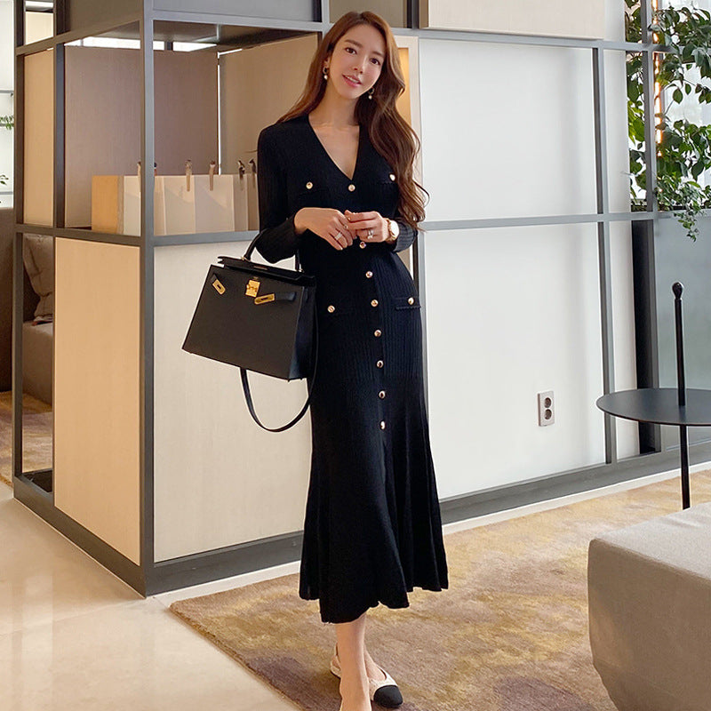 Temperament V-neck Slim Bottoms Sweater Long Skirt