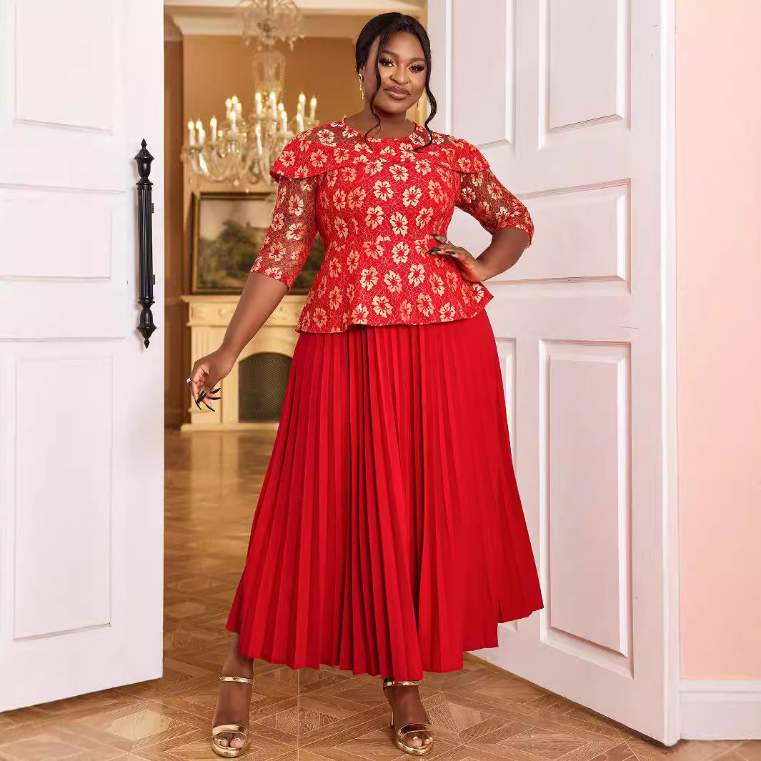 Women's Solid Color Versatile Lace Long Sleeved Pleated Skirt