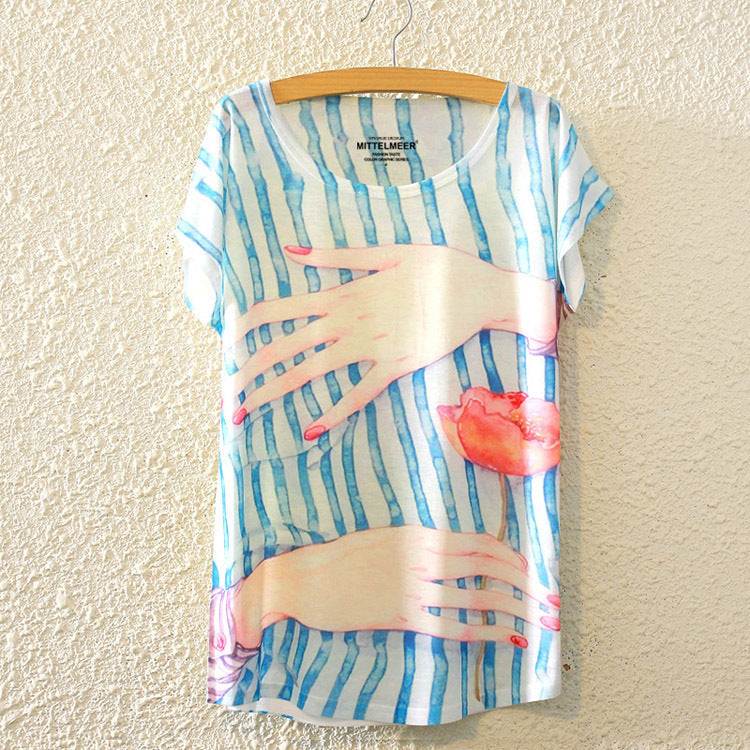 New Fashion Summer Harajuku Animal Cat Print Shirt O-Neck Short Sleeve T Shirt Women Tops White T-shirt
