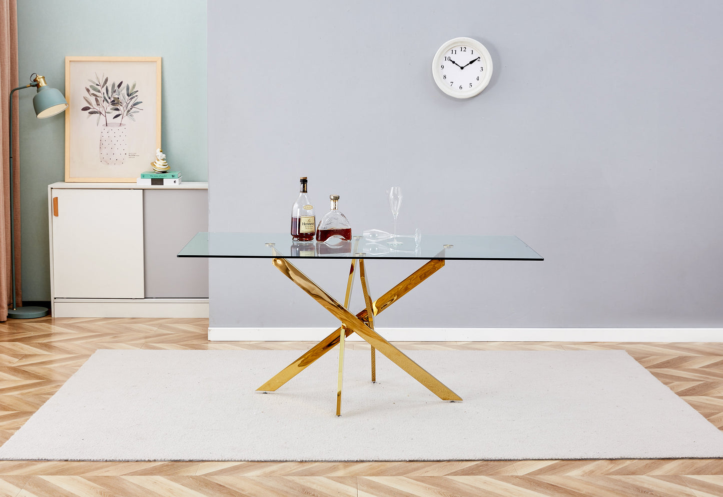 TEMPERED CLEAR GLASS GOLDEN LEG DINNING TABLE 63"