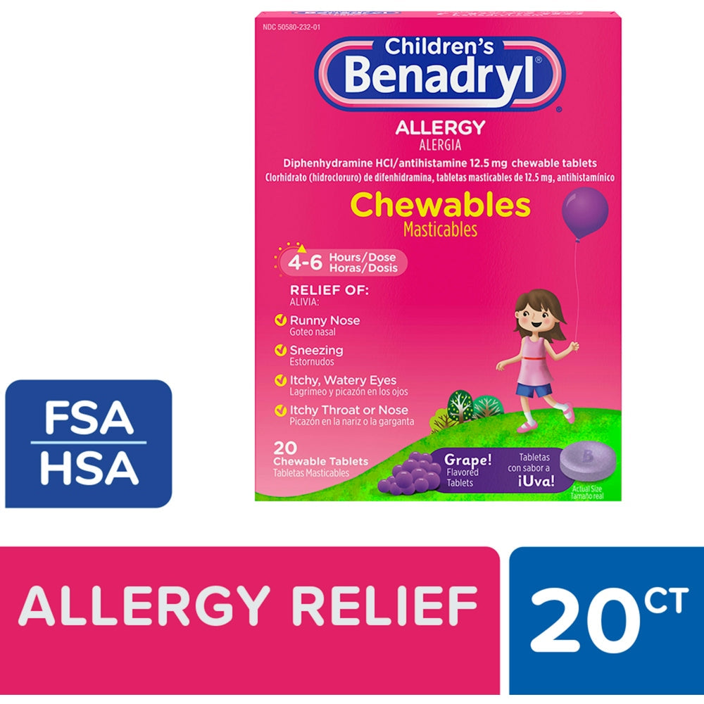 Children's Benadryl Allergy Relief Chewable Tablets - Diphenhydramine - Grape Flavor - 20ct