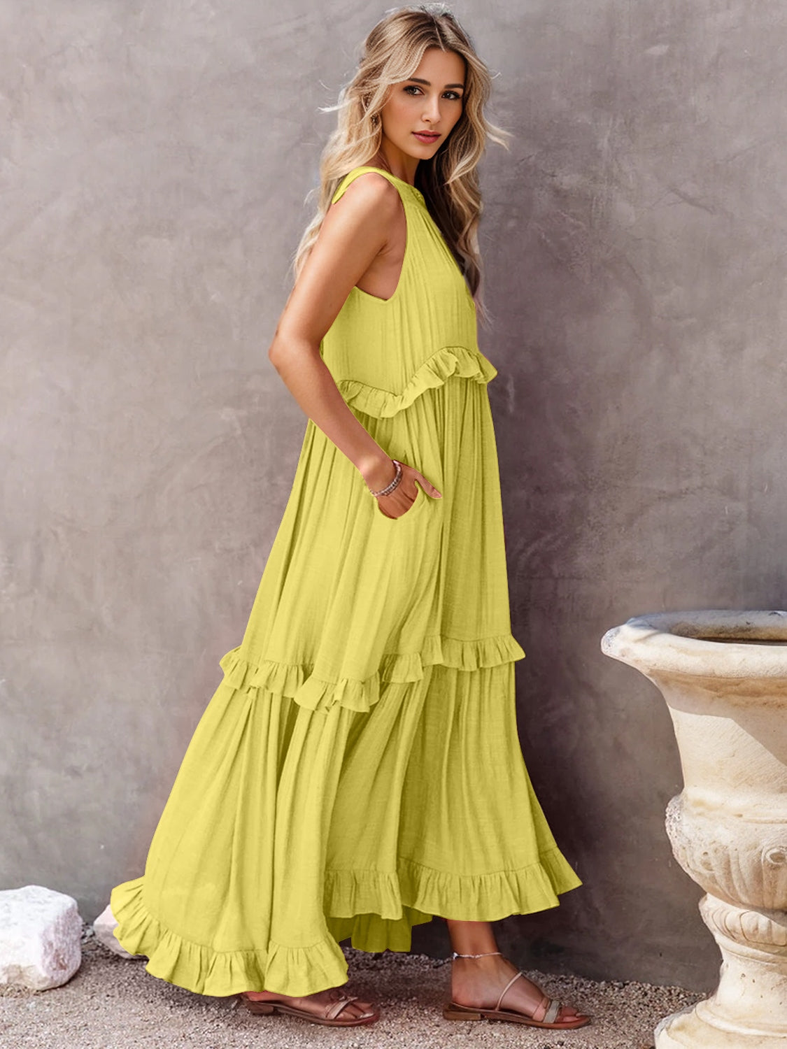 Smocked Tiered Maxi Dress with Pockets