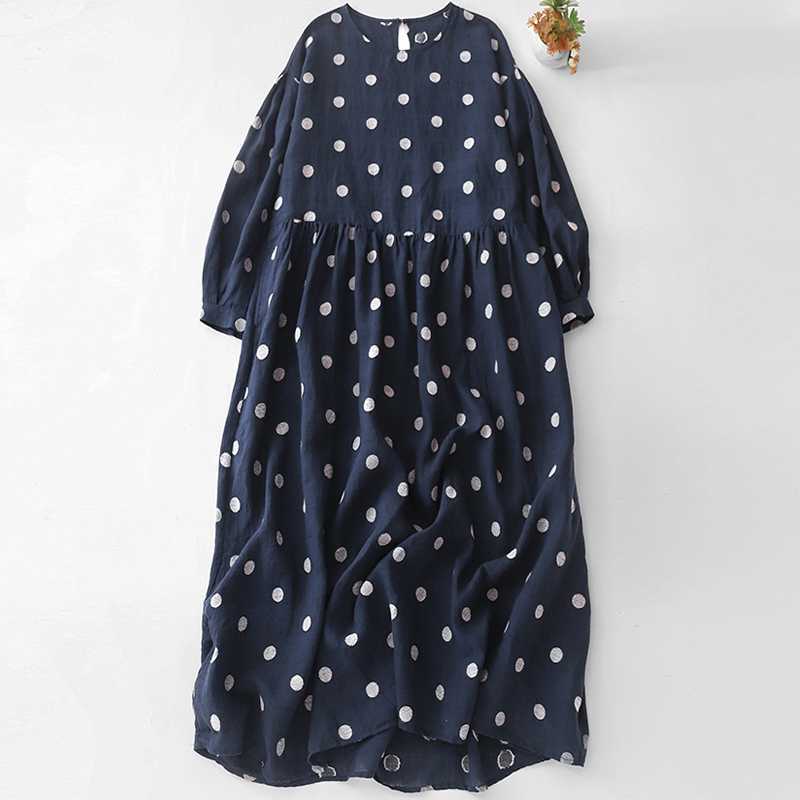 Artistic Retro Blue Polka-Dot Dress Crew-Neck Long-Sleeve French-Elegance Cotton-Linen Jumper Dress