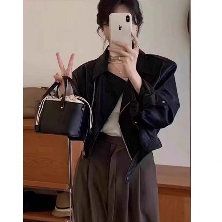 Women's Retro Long-sleeved Leather Coat Jacket