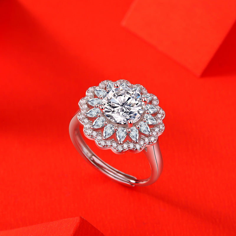 Adjustable S925 Silver Moissanite Flower Ring