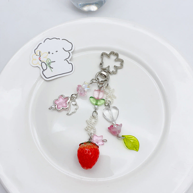 Cute Strawberry Beaded Pendant Keychain