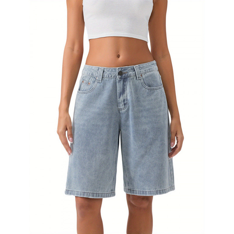 Womens Light Blue Denim Knee-Length Shorts