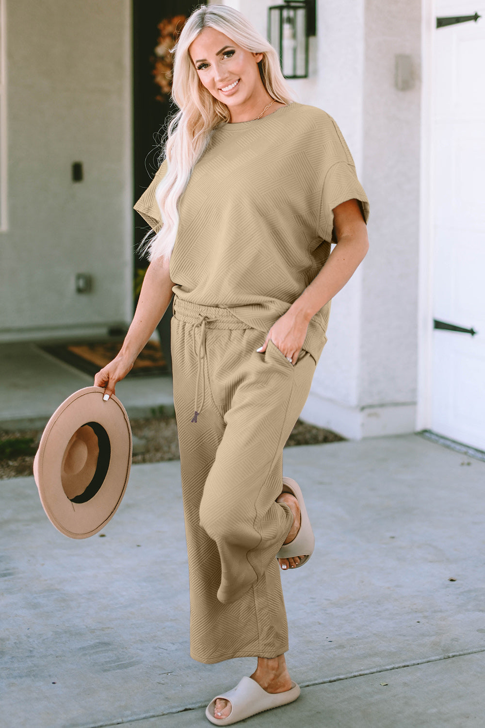 Textured Drawstring Waistband Pants and Top Set