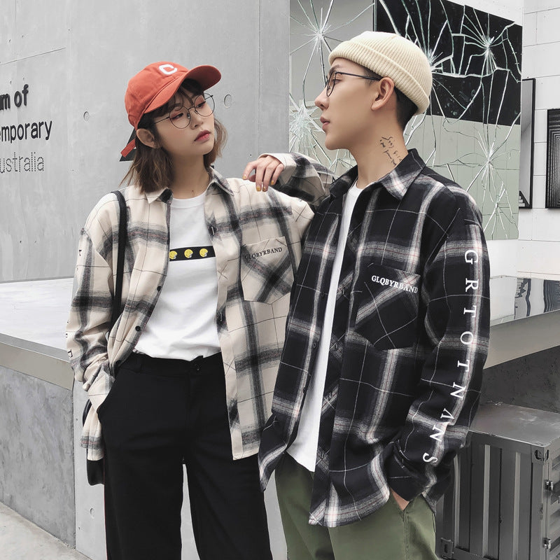 Lazy Style Ins Plaid Shirt Couple Wear Autumn Inch