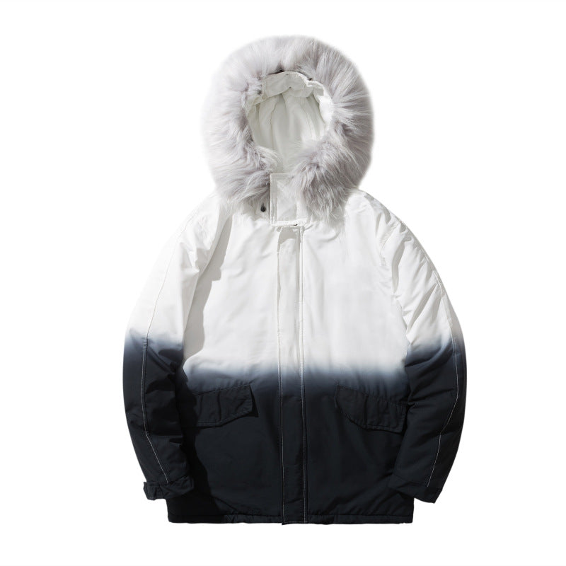 Gradient Cotton Jacket with Large Fur Collar for Couples
