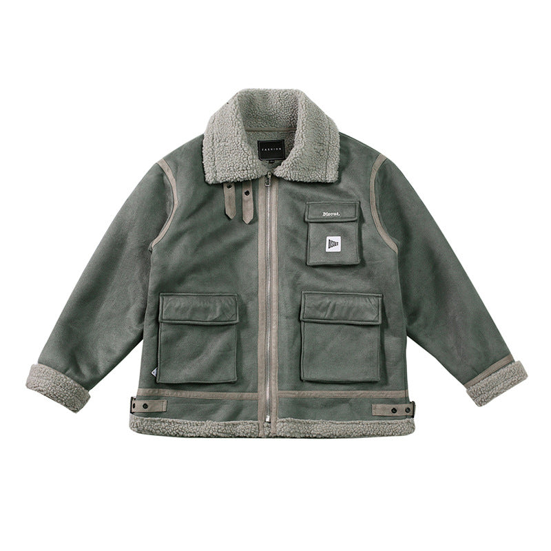 Multi-Pocket Harajuku Work Jacket with Sherpa Lining