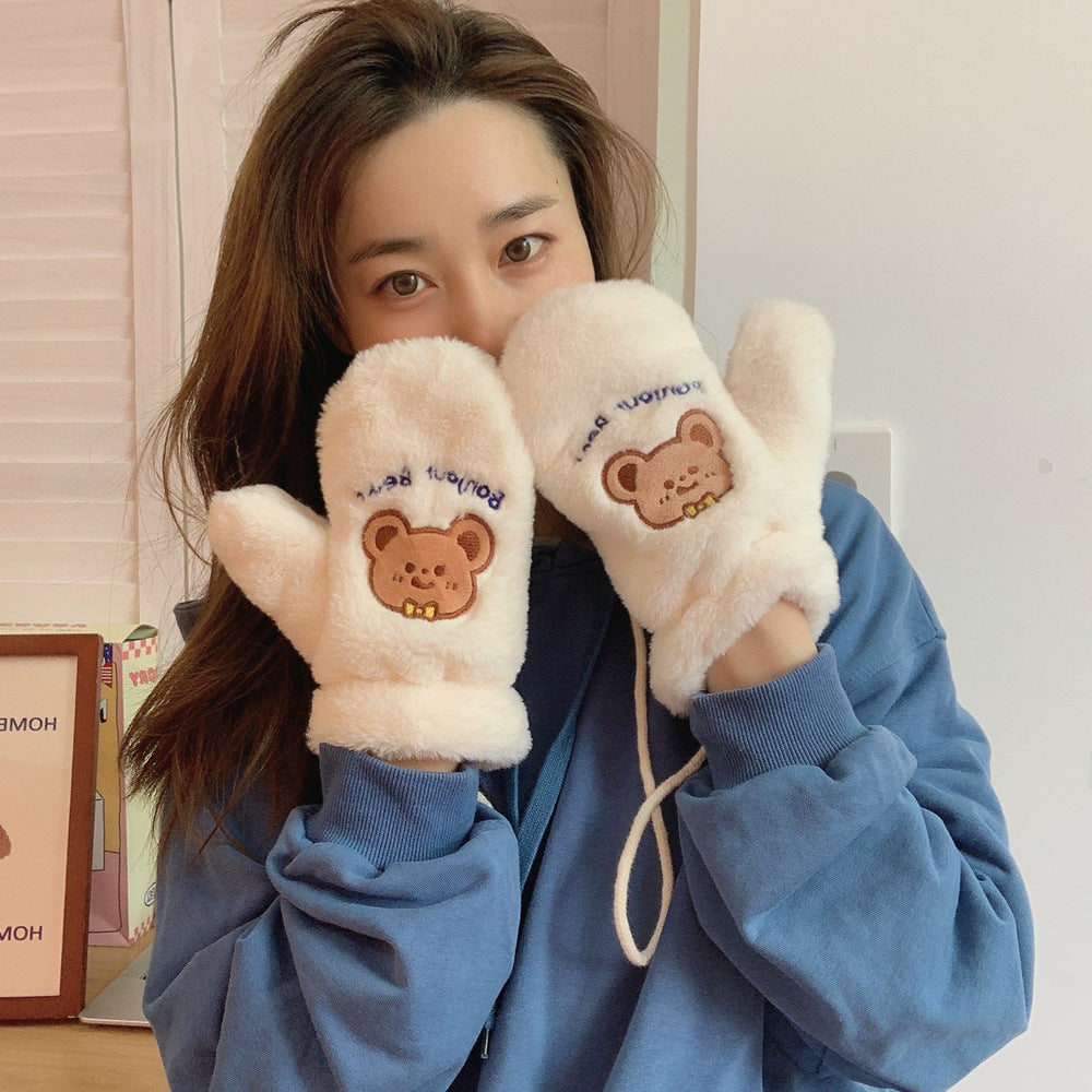 Plush Gloves Fleece-lined Thick Windproof Warm Plush Full Finger Halter