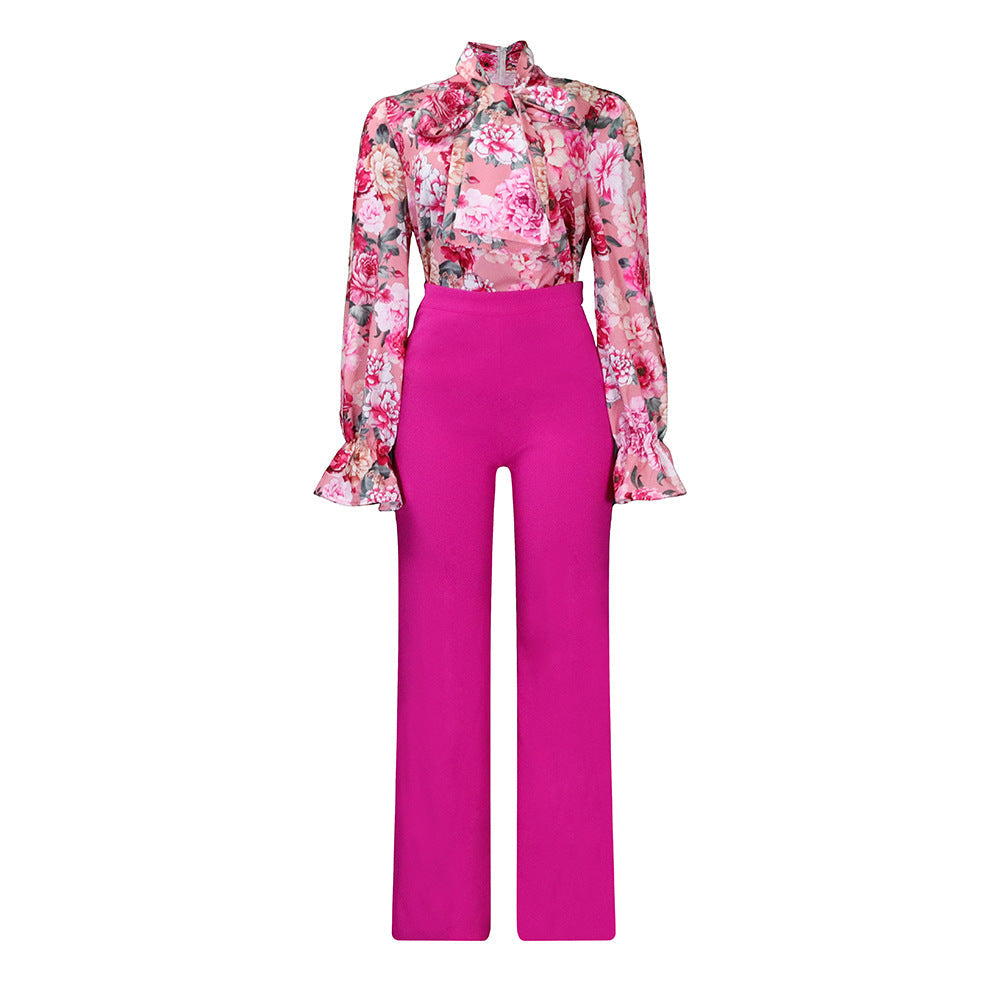 Women's Loose Large Size Casual Printed Long Sleeve Two-piece Suit