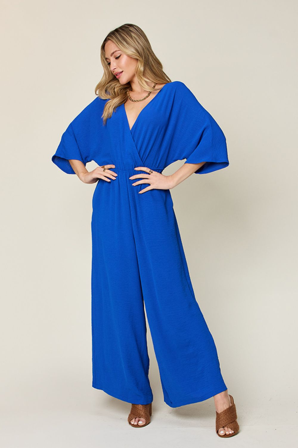 Tie-Waist Jumpsuit with Wide Legs and Short Sleeves
