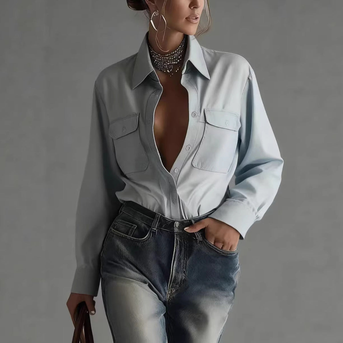 Stylish Relaxed-fit Long-sleeve Collar Shirt For Women