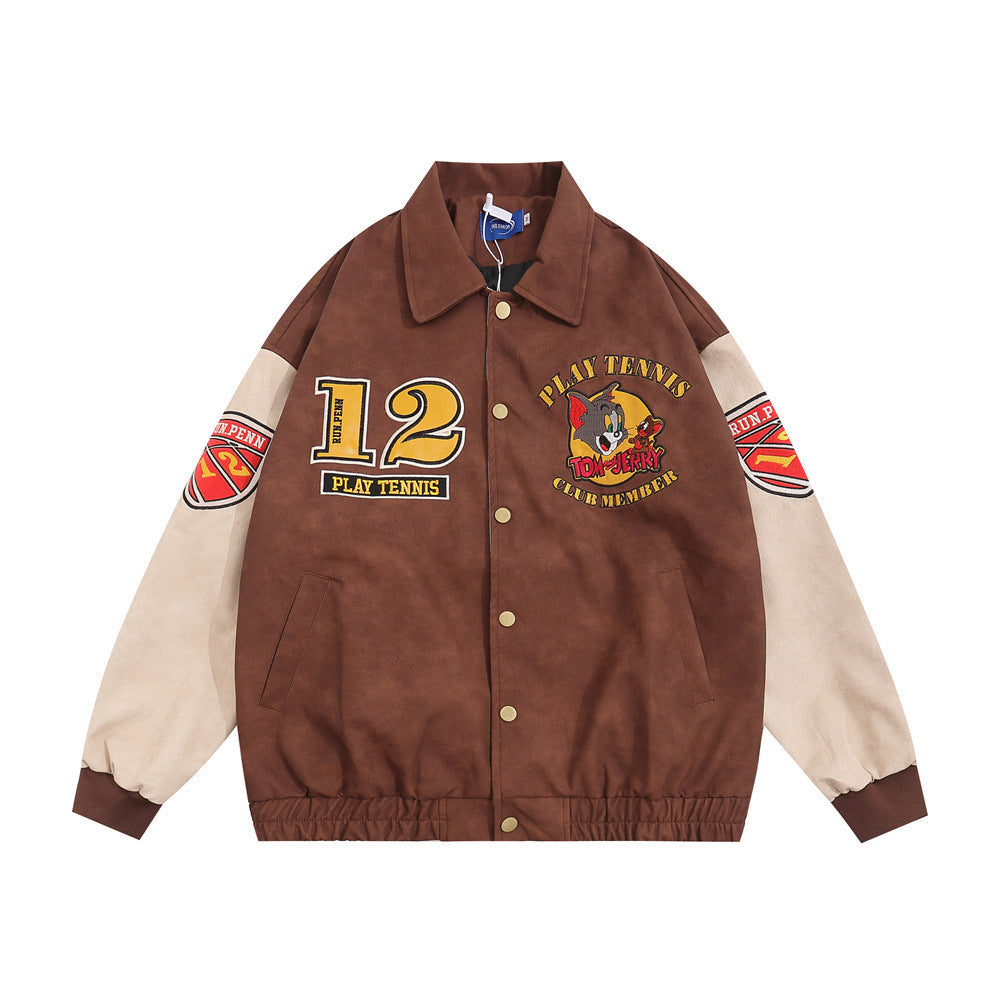 Men's Cartoon Embroidered Cat and Mouse Baseball Jacket