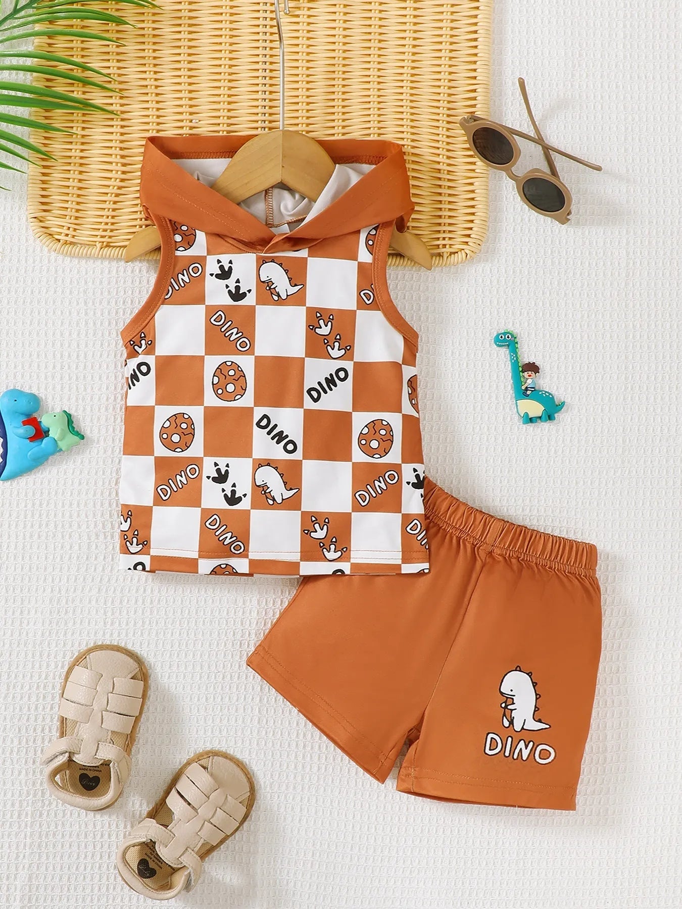 Children's Dinosaur Checkered Sleeveless Hooded Top and Shorts Set