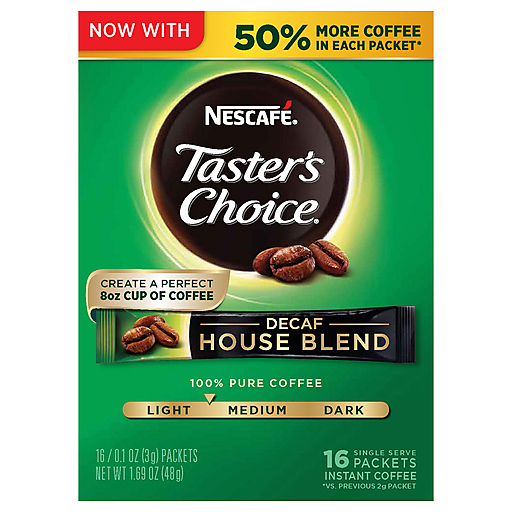 Tasters Choice Nescafe Coffee, Instant, Light Roast, House Blend, Decaf, Single Serve Packets