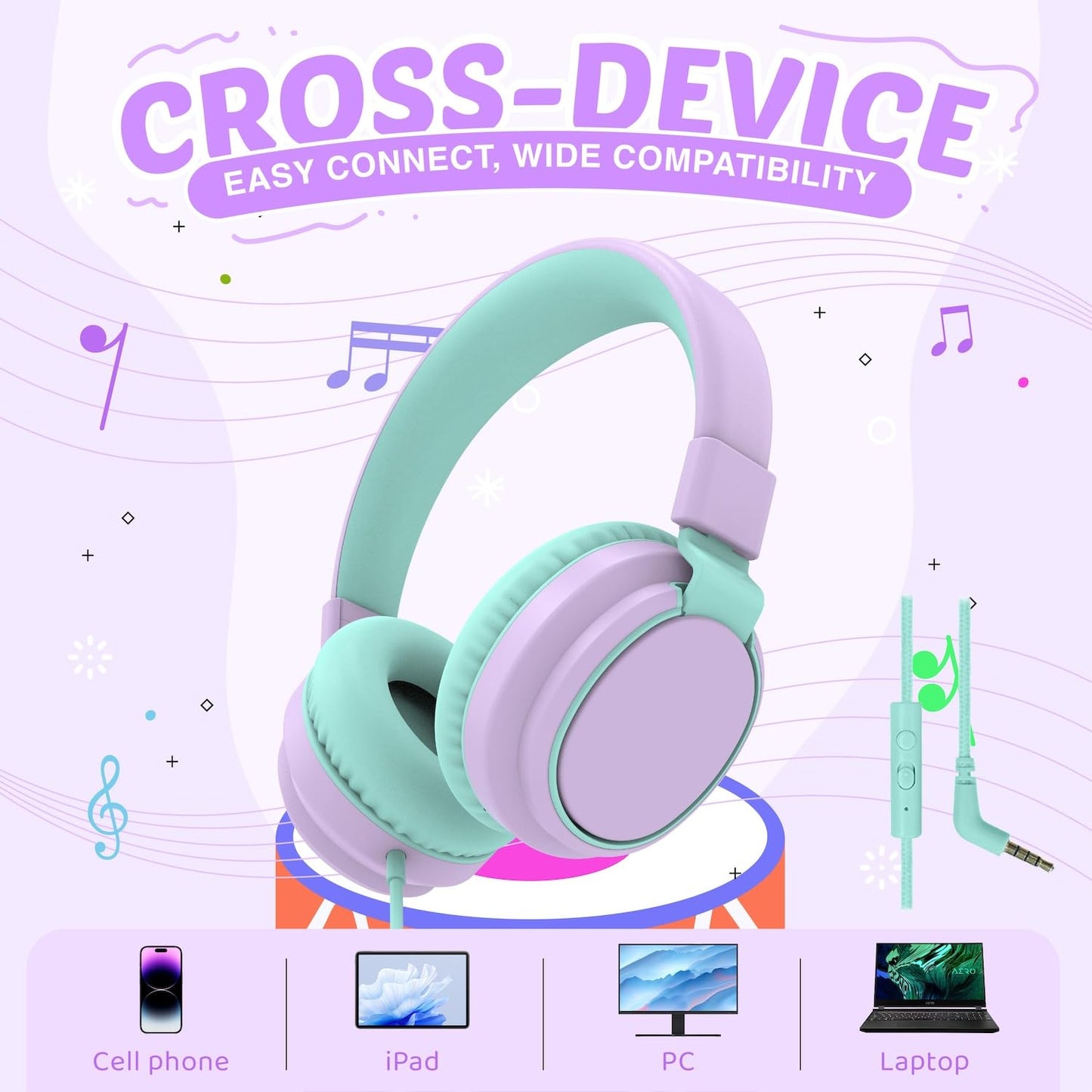 Kids Headphones Volume Limited 85/94dB - Wired Over-Ear Foldable Headset with Microphone Pink