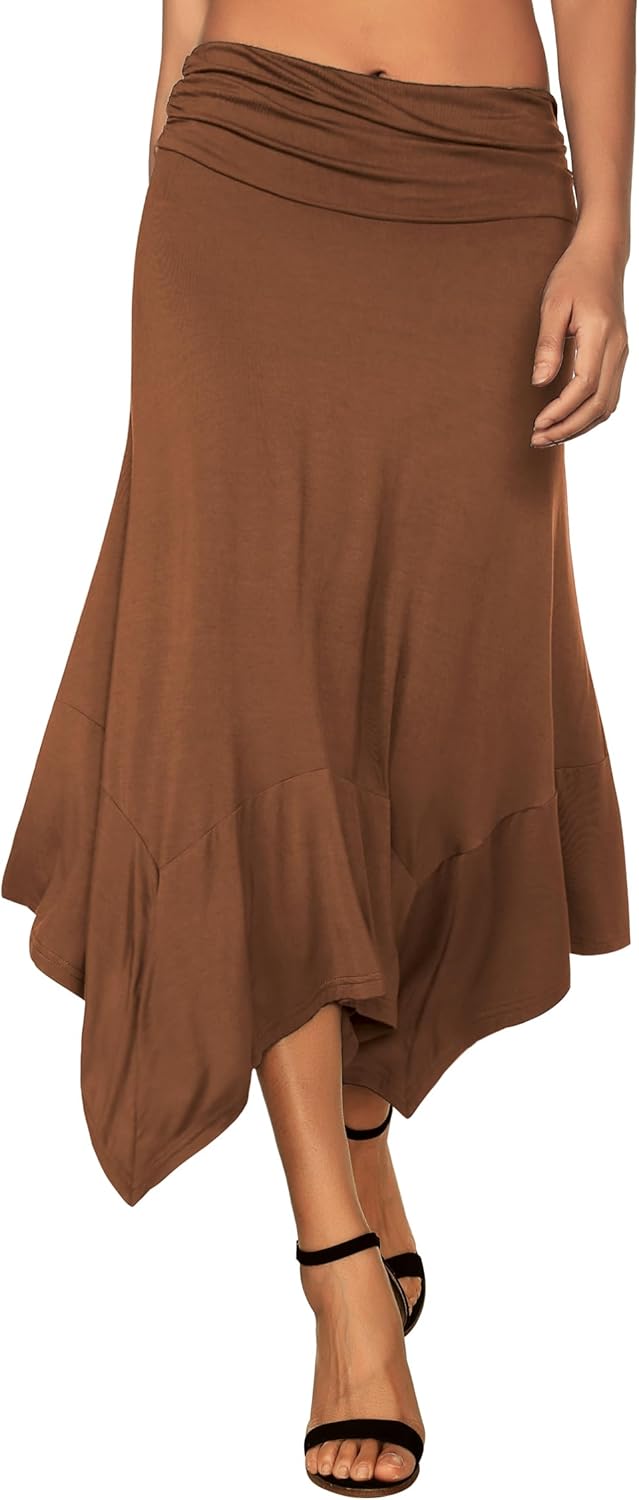 Women's Flowy Handkerchief Hemline Midi Skirt - Elastic Waist Asymmetrical Hem