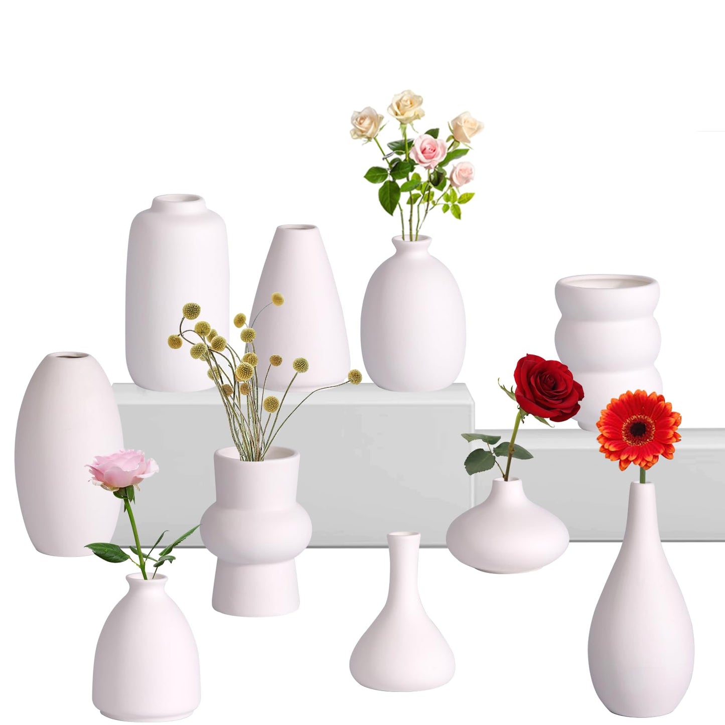 White Ceramic Bud Vases Set of 10 - 5 Inch Small Mini Vases for Flowers Centerpieces Decor
