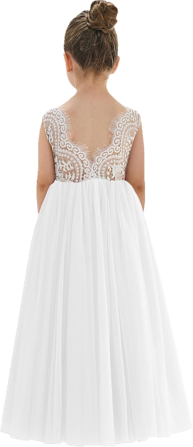 Girls Tulle Flower Girl Dress - Lace Back A-Line Party Dress