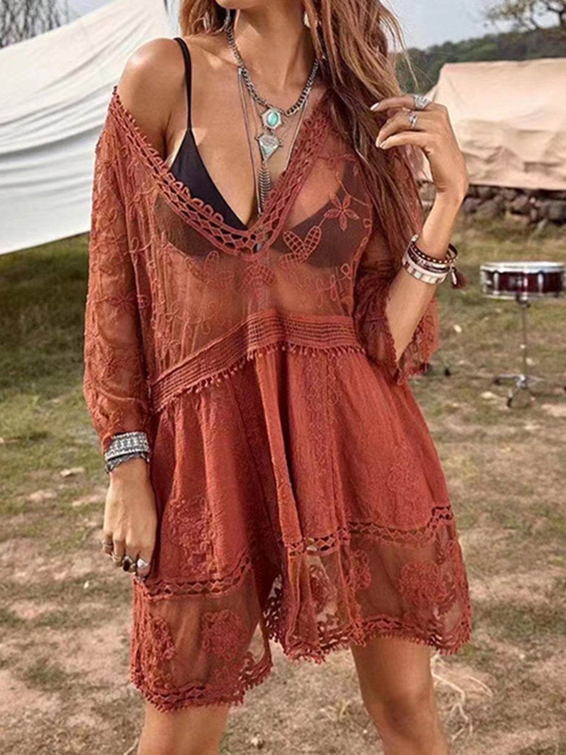 Semi-Sheer Lace Detail Beach Cover-Up Dress