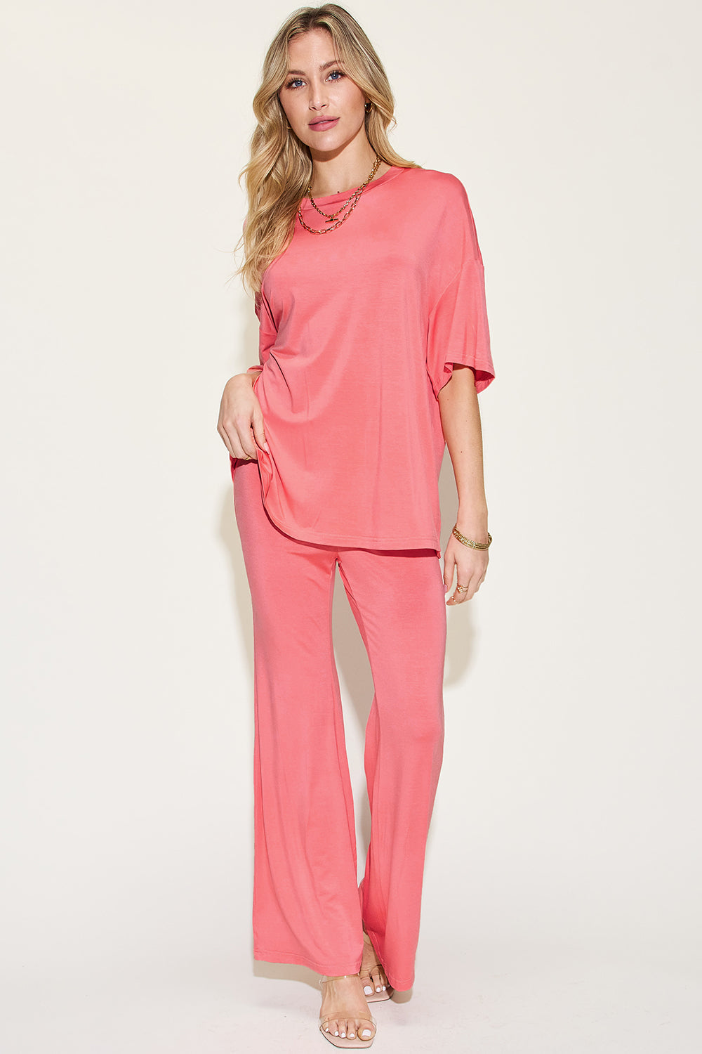 Comfy Bamboo Drop Shoulder Tee & Flare Pants Set