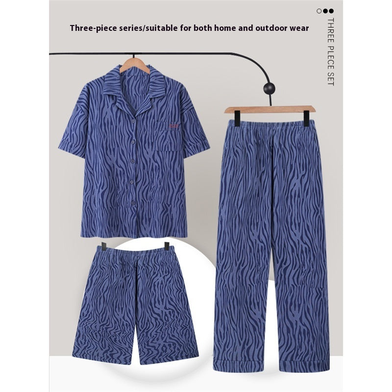 Men's Pajamas Summer Cotton Short Sleeve Trousers Three-piece Set