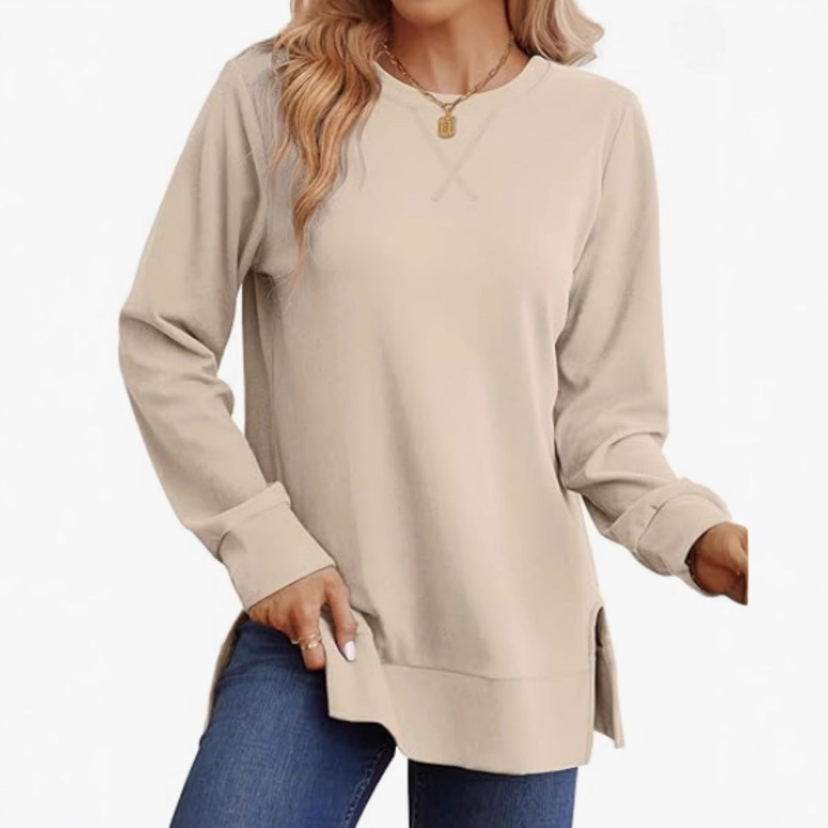 Womens Crew-Neck Long-Sleeve T-Shirt With Side Slits Casual Top
