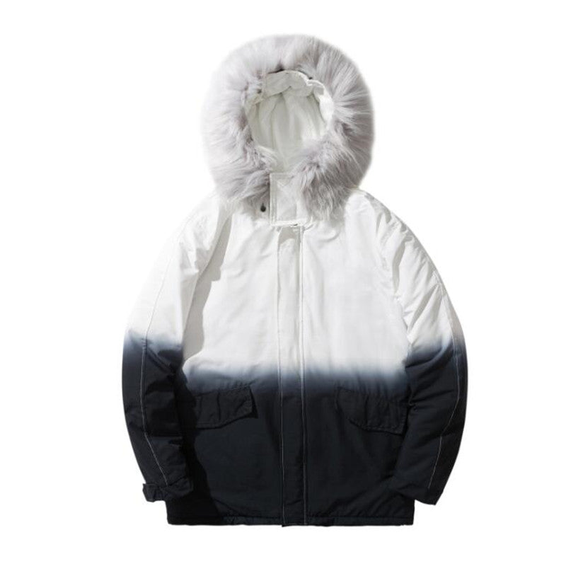 Trendy Thick Fur Collar Gradient Hooded Cotton Jacket