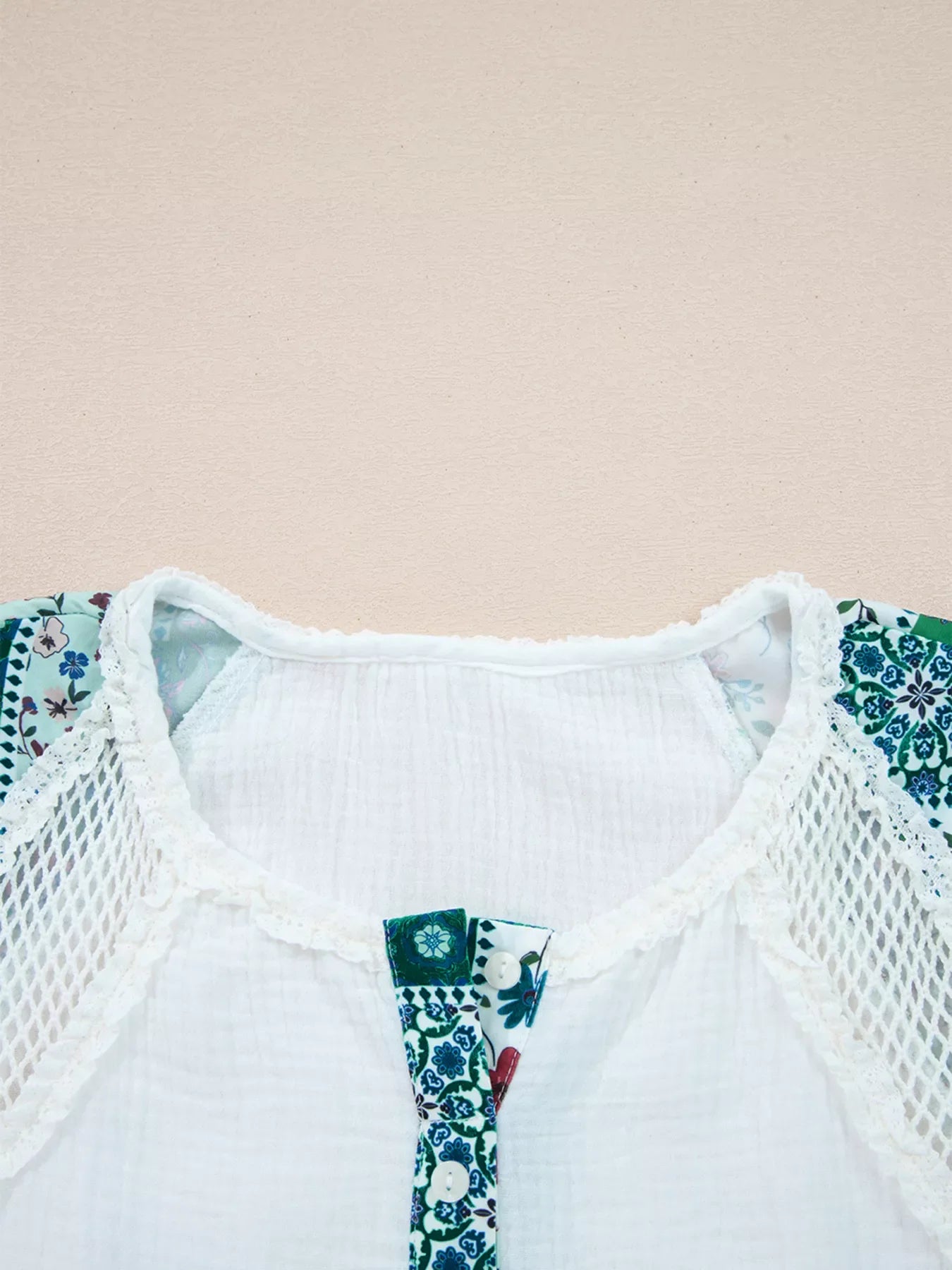 Mesh Patched Color Block Half Button Blouse