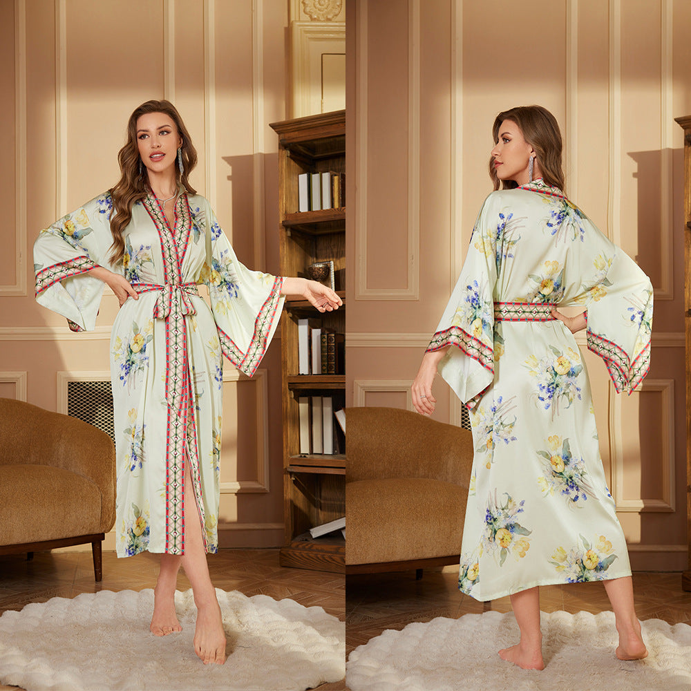 Satin Womens Nightgown Long Bathrobe Long Sleeve Sleepwear