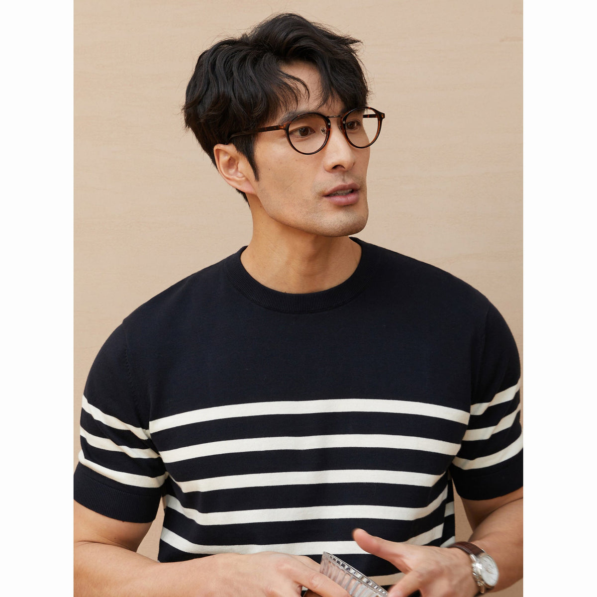 Summer New Short-sleeved Knitted Sweater Men's Striped Light Luxury Business Casual