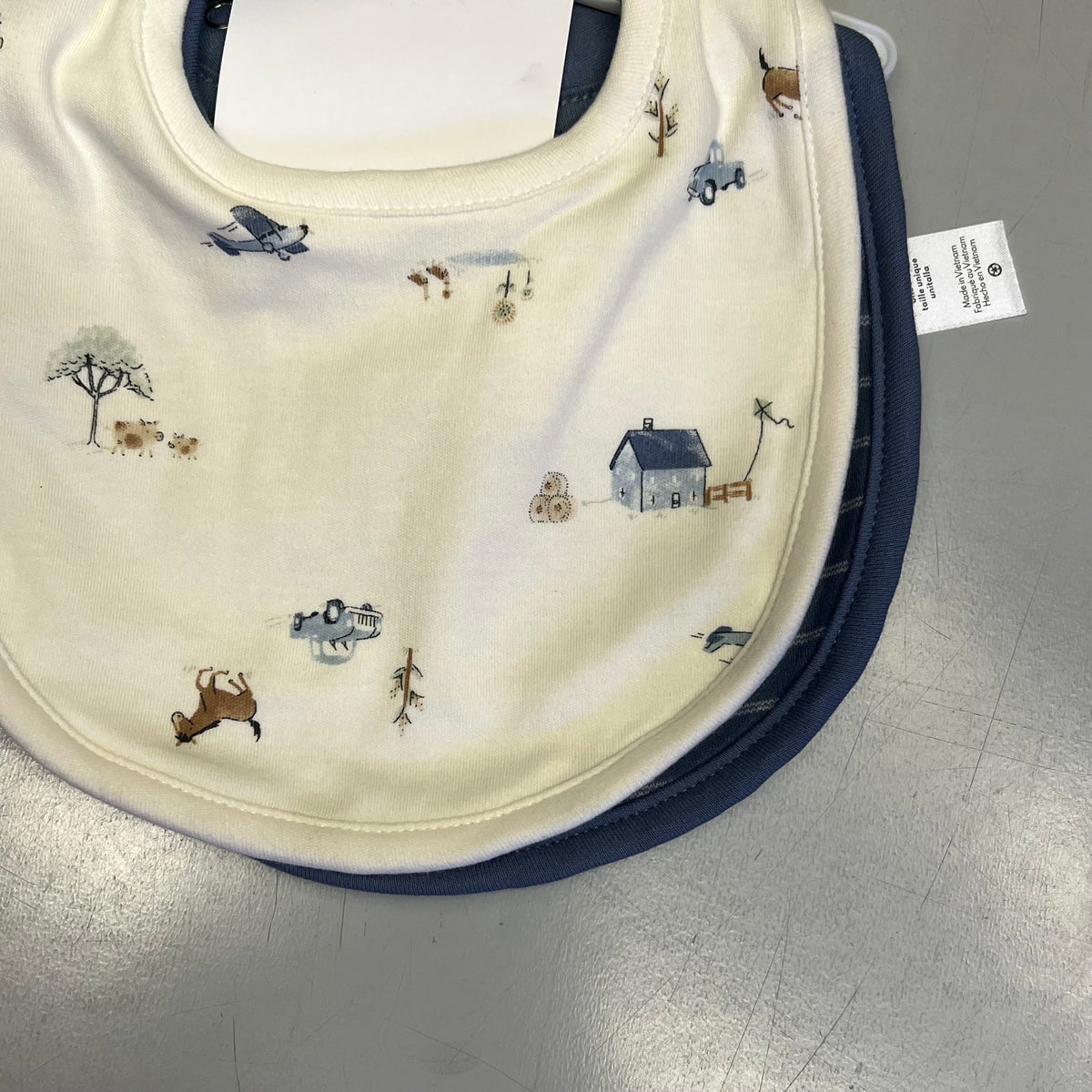 CARTERS (SET OF 3) Snap Baby Bibs Puppy Pocket Farmhouse Patterns Blue/White