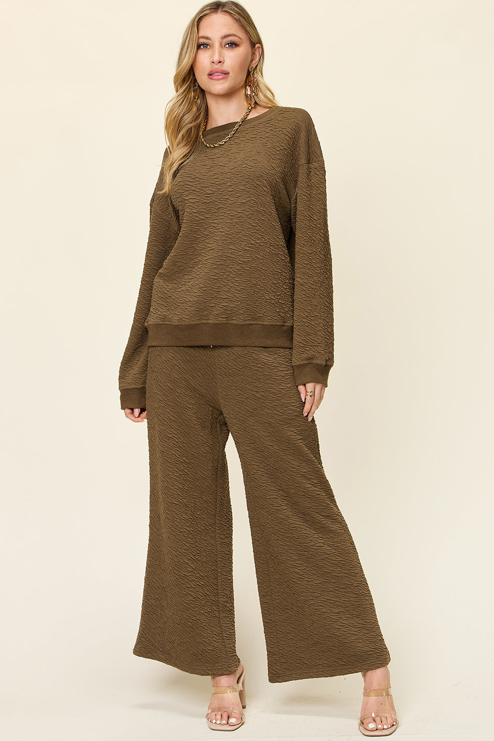 Textured Lounge Set with Drawstring Pants