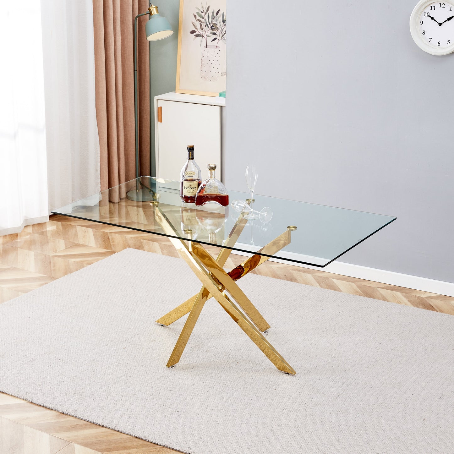 TEMPERED CLEAR GLASS GOLDEN LEG DINNING TABLE 63"
