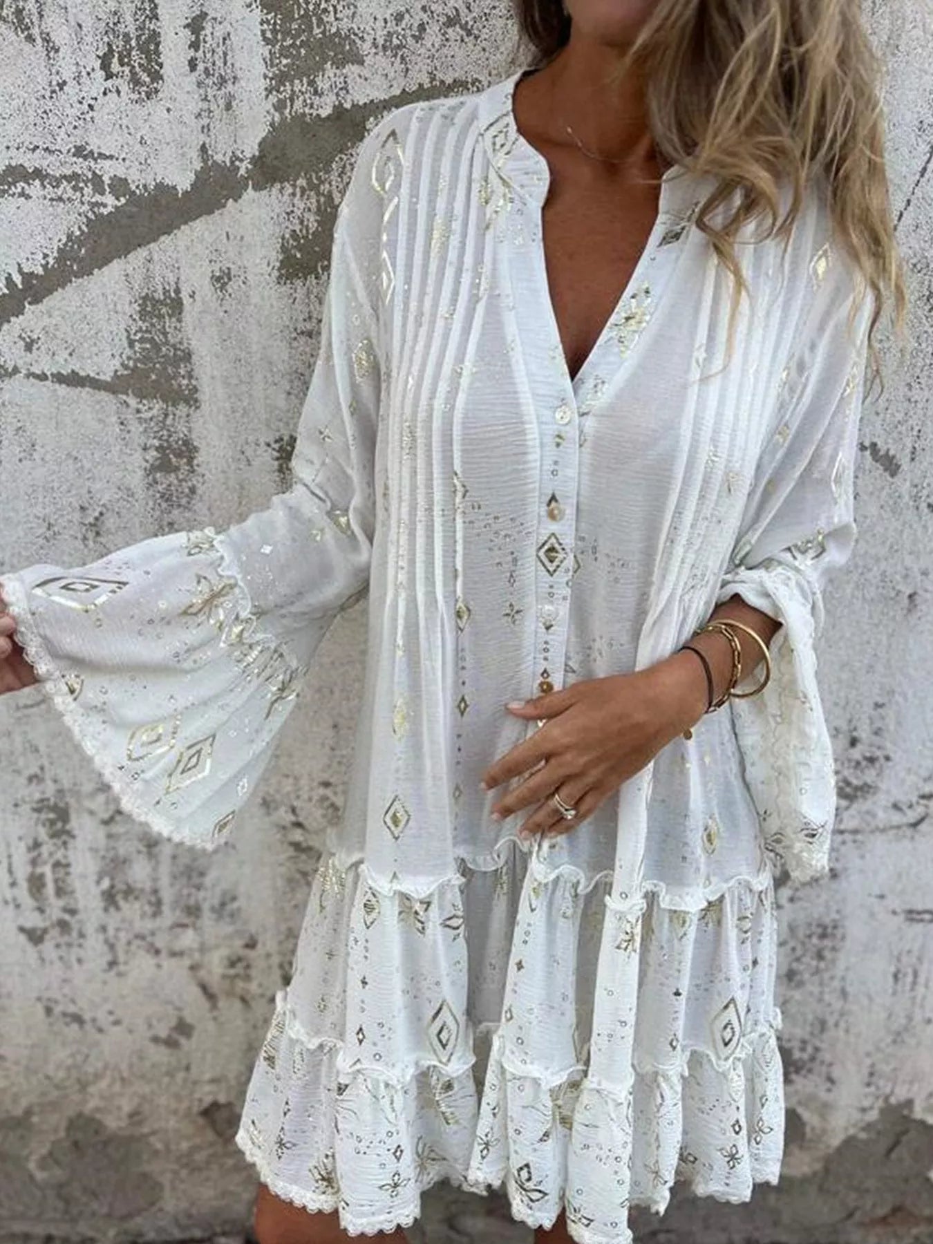 Full Size Printed Notched Flare Sleeve Dress Plus Size