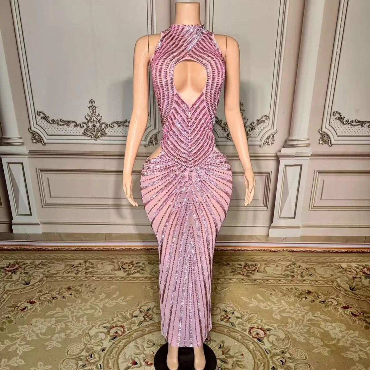 Womens Sexy Mesh Hollow-Out Nightclub Stage Dress Performance Outfit Evening Gown