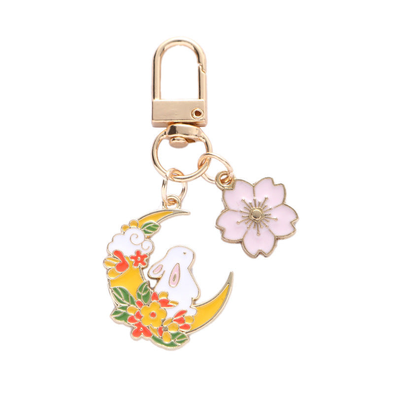 Cute Moon Rabbit Cherry Blossom Keychain