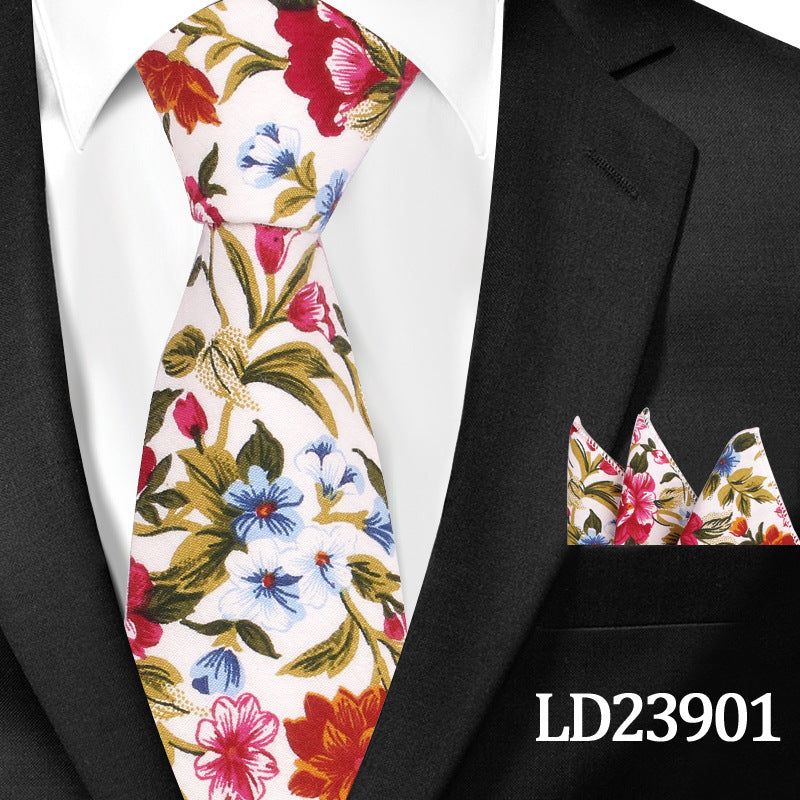 Casual Cotton Floral Print 6cm Casual Tie Pocket Square Suit