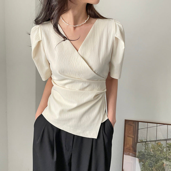 Womens Solid-Color French-Style Chic Asymmetrical Cross V-Neck Short-Sleeve Top