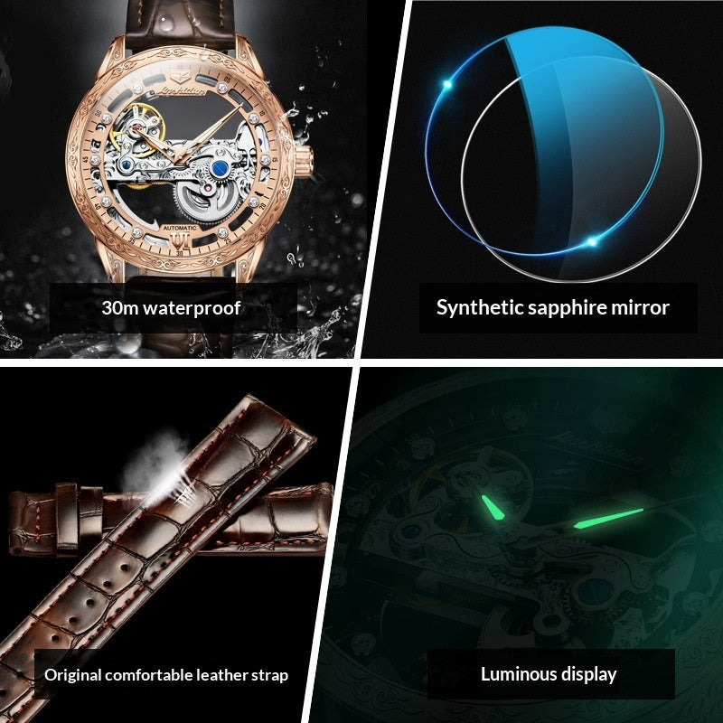 Openwork Mechanical Watch With Waterproof Leather Strap For Men