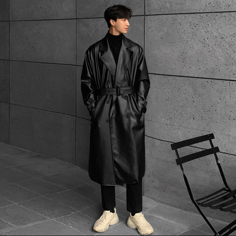 Men's Slim-fit Mid-length Double-breasted Leather Jacket